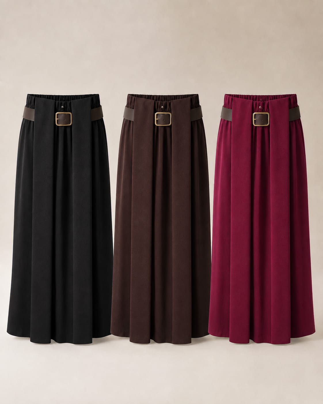 Saia Comprida Fluida com Cinto – Preto, Chocolate ou Bordeaux
