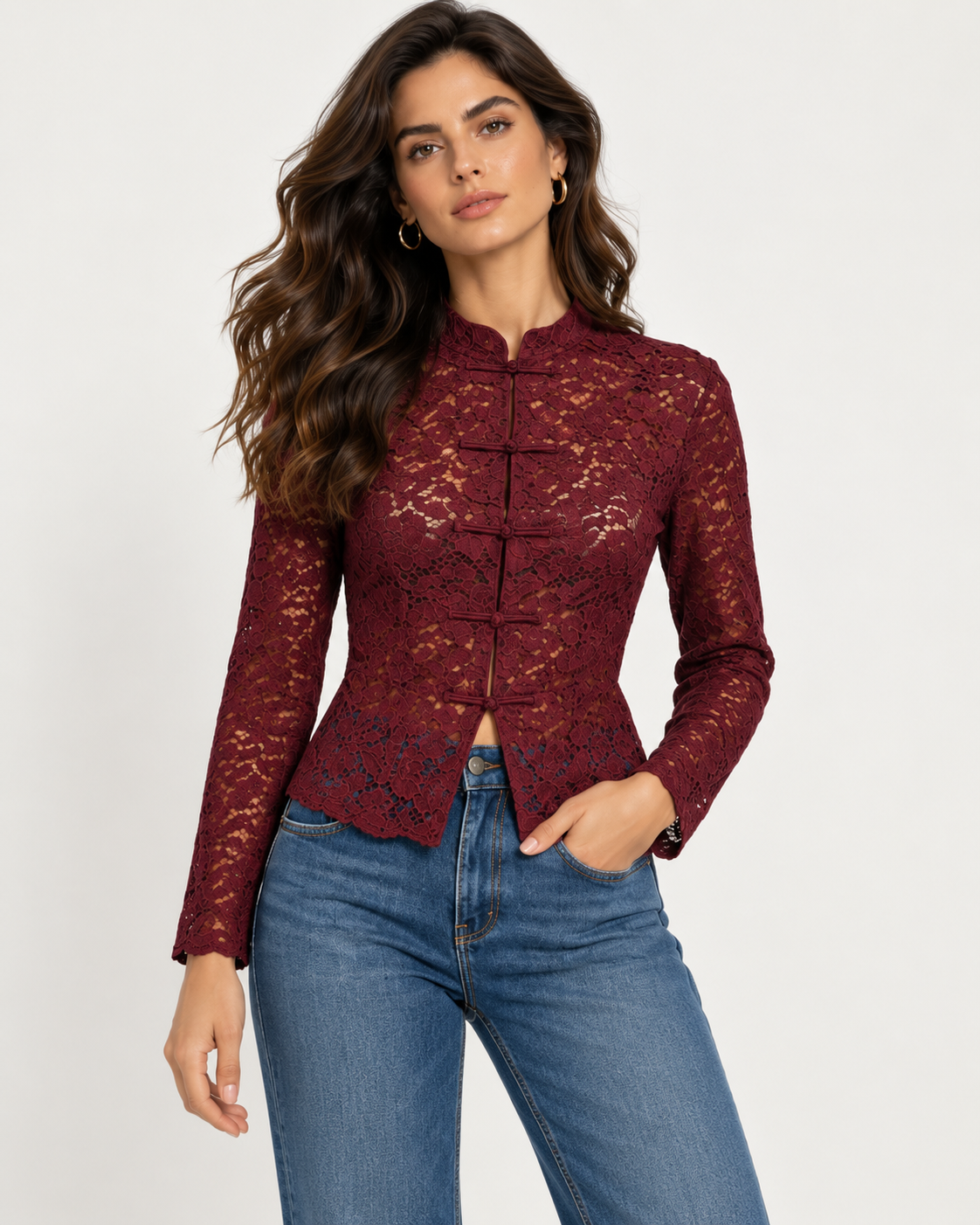 Blusa de Renda com Fecho Oriental