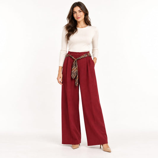 Calças Wide Leg em Pele de Pêssego com Lenço