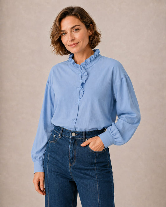 Camisa com Folhos Românticos – Camel, Bordô ou Azul Céu