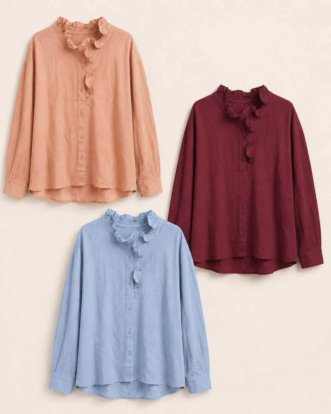 Camisa com Folhos Românticos – Camel, Bordô ou Azul Céu