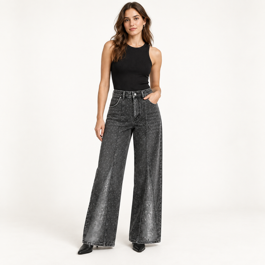 Calças Wide Leg em Ganga com Brilhantes